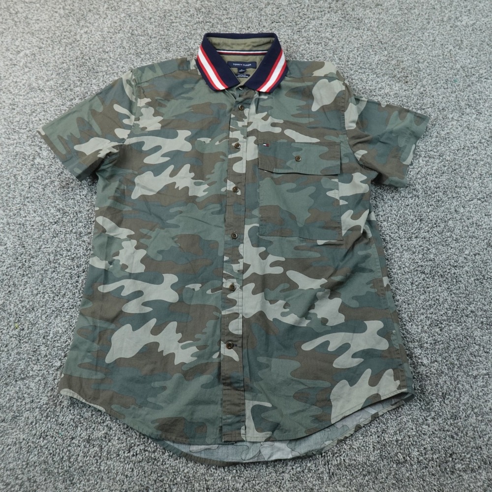 Tommy Hilfiger Shirt Mens M Brown Green Camo Custom Fit Button Up Army Hunting